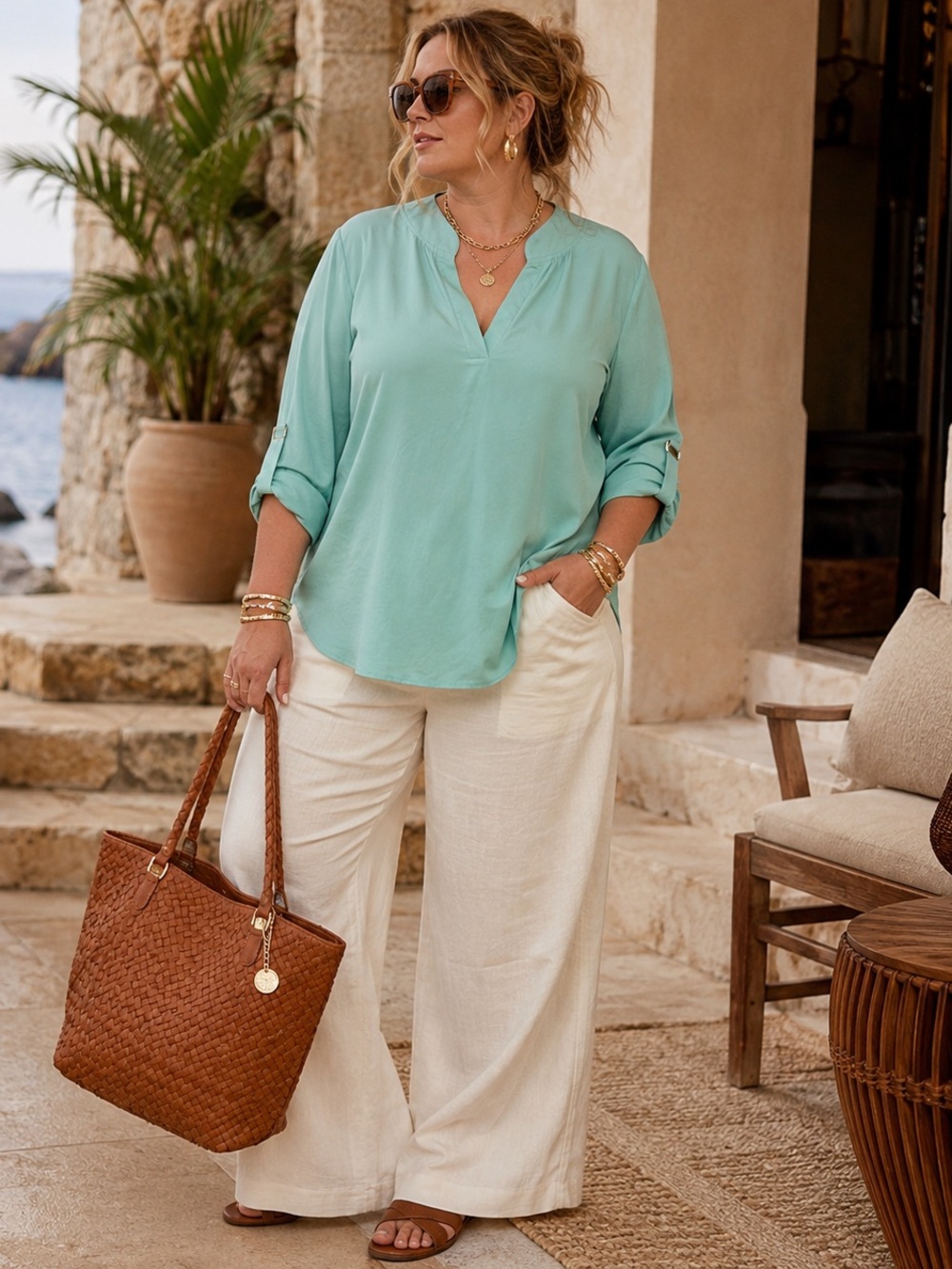 Roswear XL Mint Green Roll Tab Sleeve Split Neck Blouse